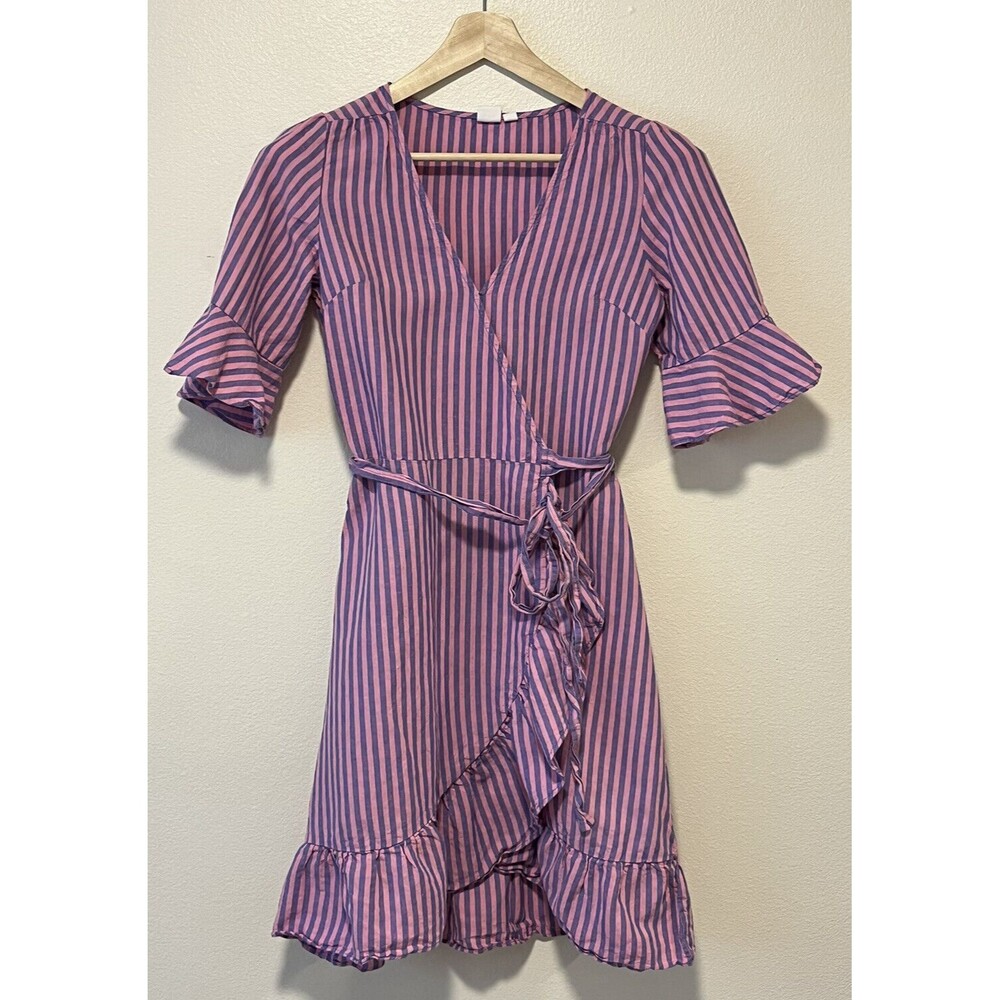 GAP Womens Ruffle Hem Linen Blend Wrap Dress Size XS Pink Blue Striped Tie Waist